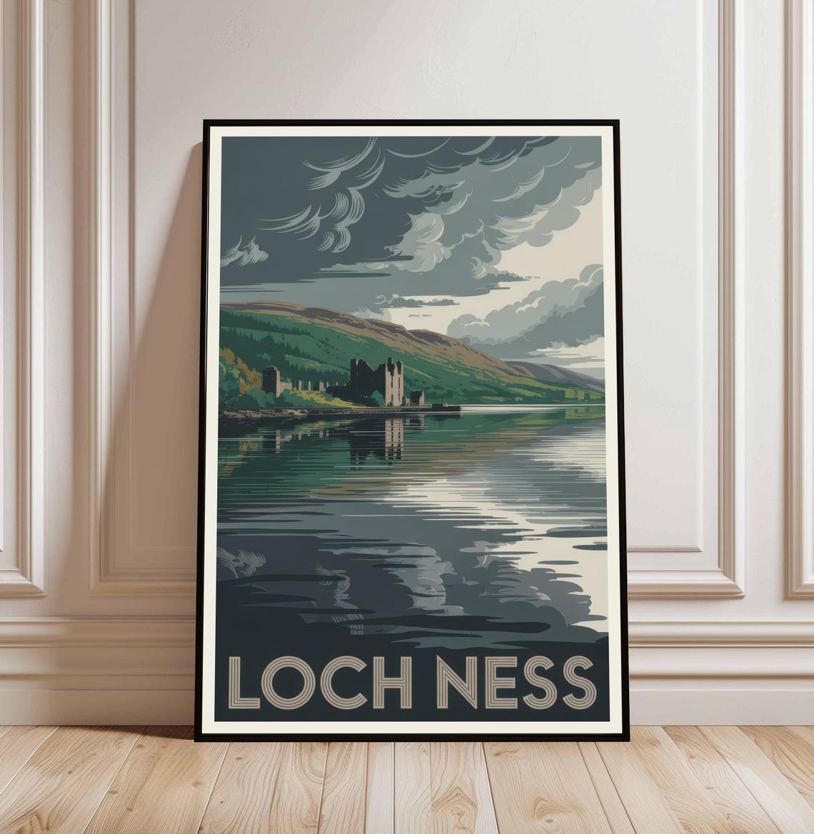 Loch Ness Scotland Moody Castle Shore Dramatic Vintage Travel Poster
