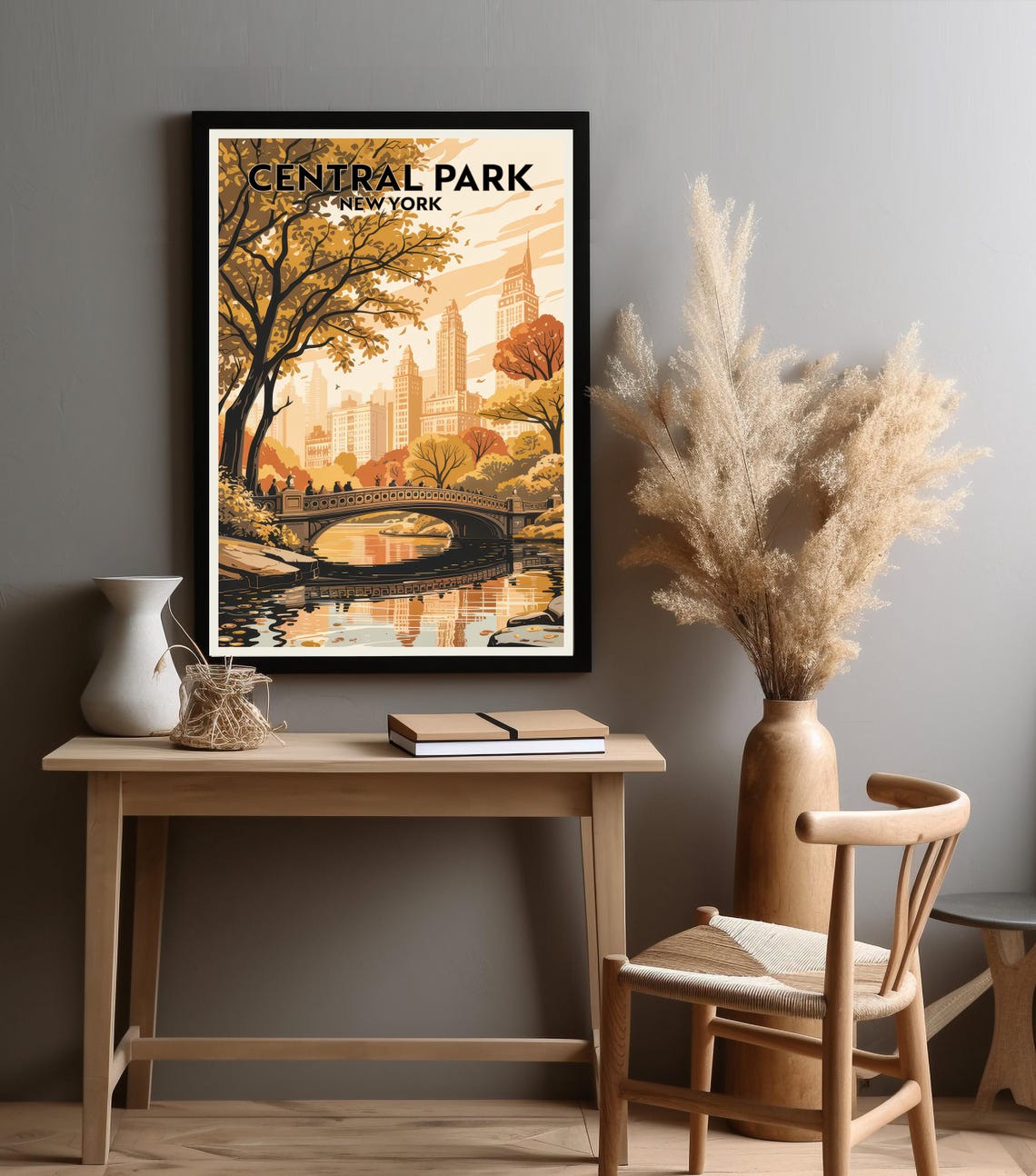 Central Park New York Autumn Travel Poster With Bow Bridge Scenery