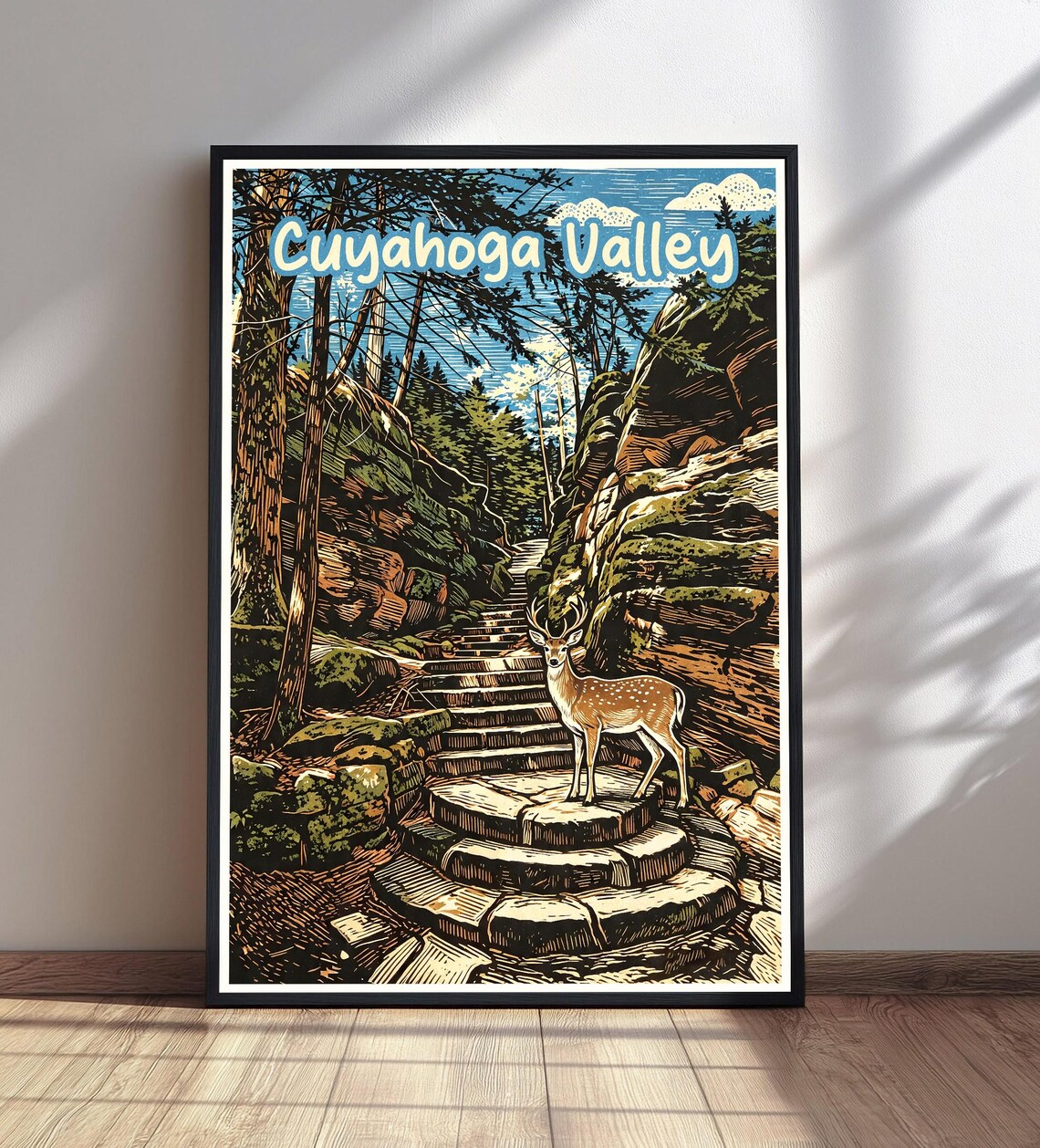 Cuyahoga Valley Woodcut Travel Poster With Deer On Stone Forest Steps Art