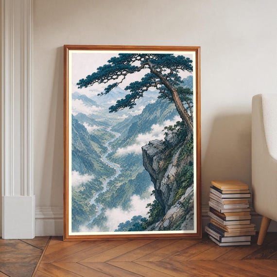 Japanese Landscape Print Pine Tree River Valley Art Traditional Asian Mist Wall Decor Vintage Style Nature Poster