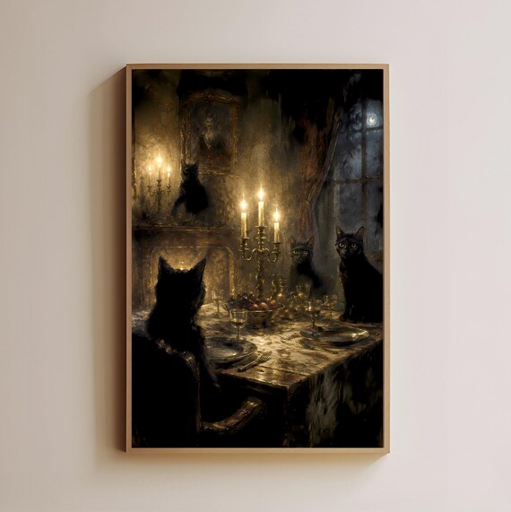 Black Cat Gothic Dinner Art Print, Dark Academia