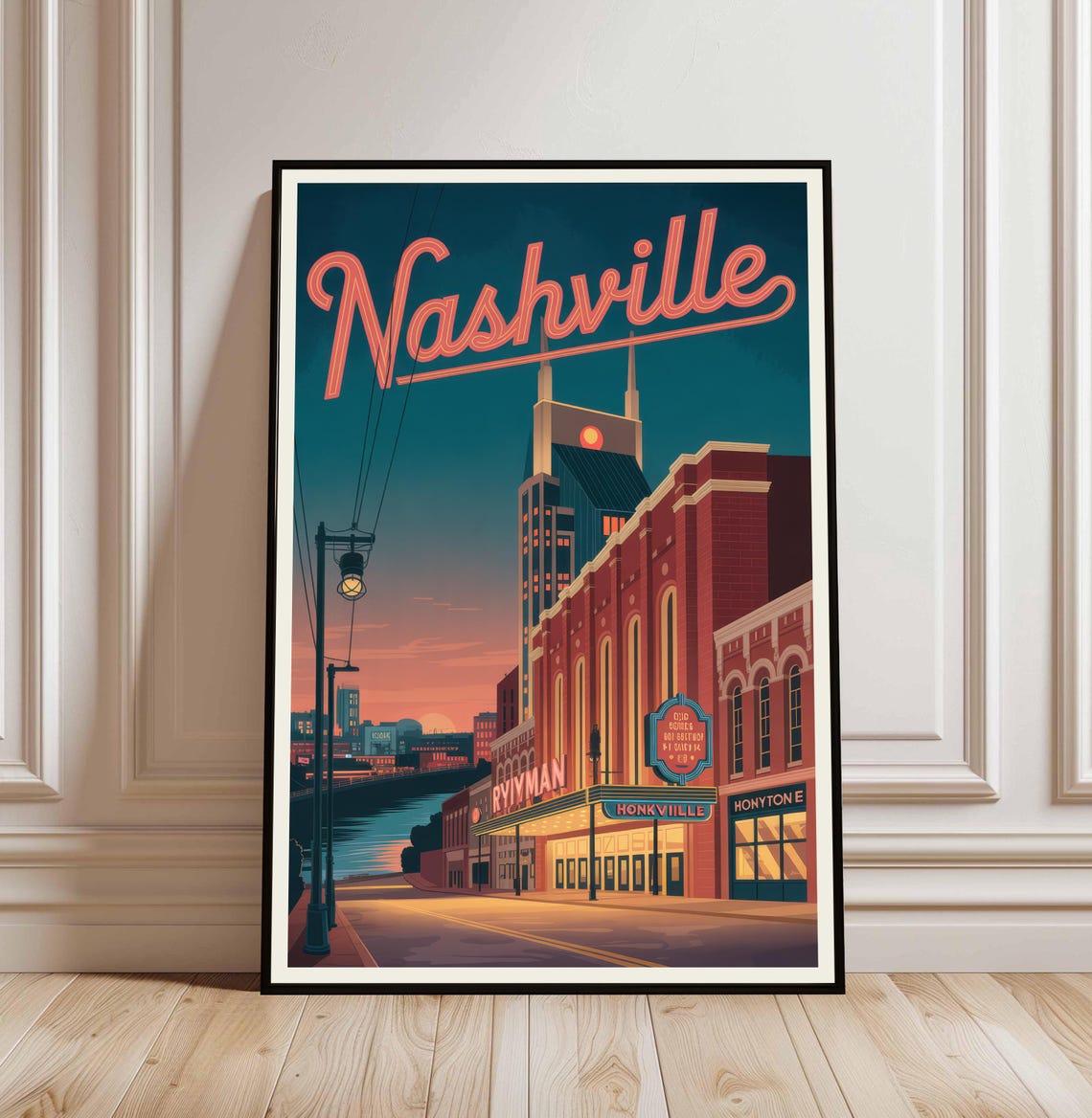 Nashville Tennessee Neon Night Ryman Vintage Travel Poster Art