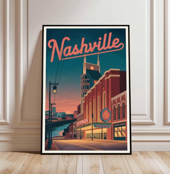 Nashville Tennessee Neon Night Ryman Vintage Travel Poster Art