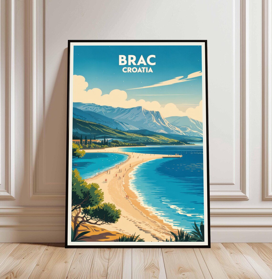Brac Croatia Travel Poster With Golden Beach And Mountain Coastline