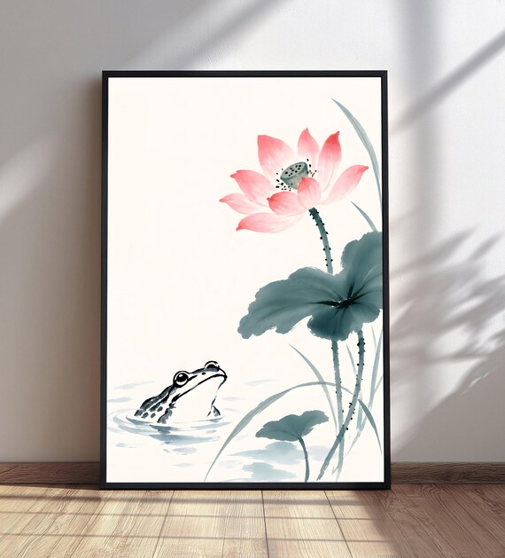 Frog and Lotus Flower Ink Watercolor Pond Life Nature Painting Poster