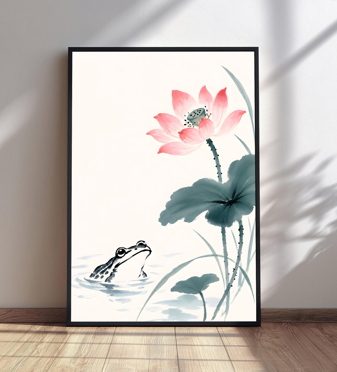 Frog and Lotus Flower Ink Watercolor Pond Life Nature Painting Poster