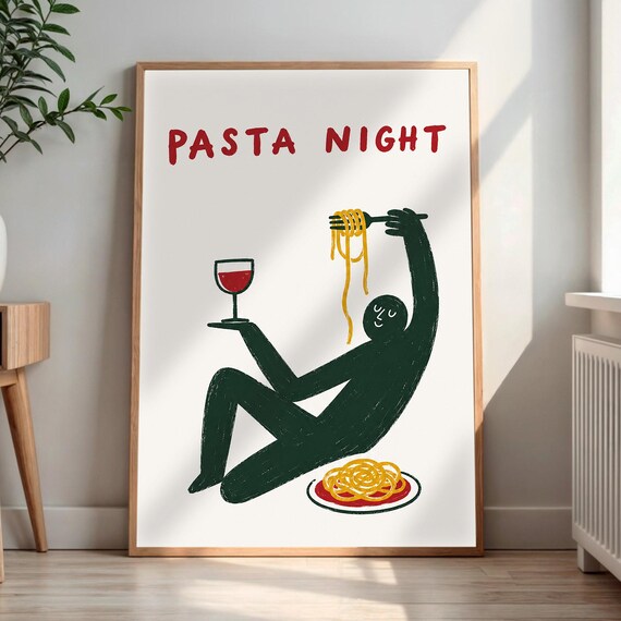 Pasta Night Whimsical Doodle Spaghetti Wine Glass Kitchen Art Poster