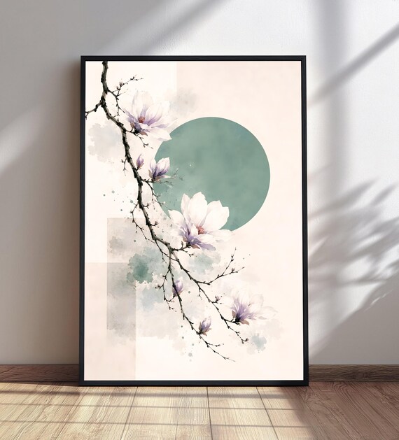 Watercolor Magnolia Blossom Branch Sage Circle Japanese Style Art Print