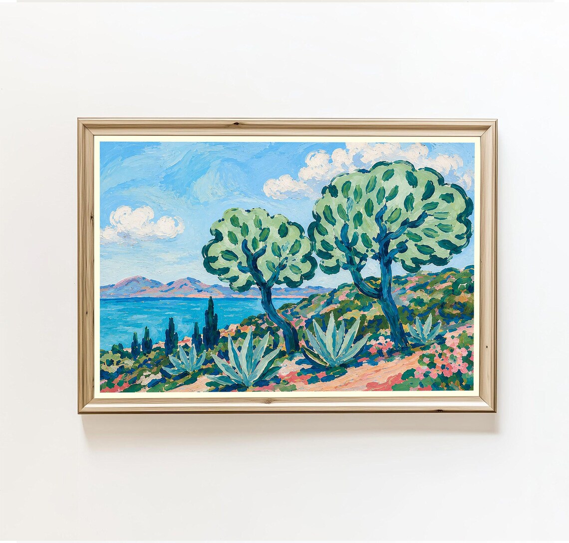 Mediterranean Olive Trees Agave Blue Sea Impressionist Landscape Poster