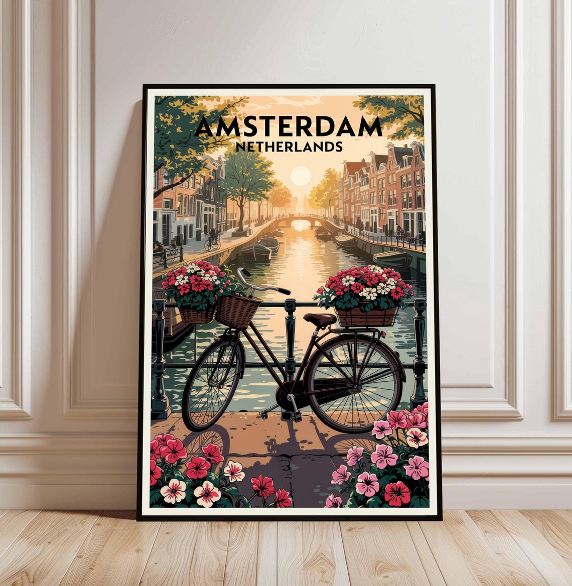 Amsterdam Netherlands Canal Bicycle Flower Bridge Sunset Travel Poster