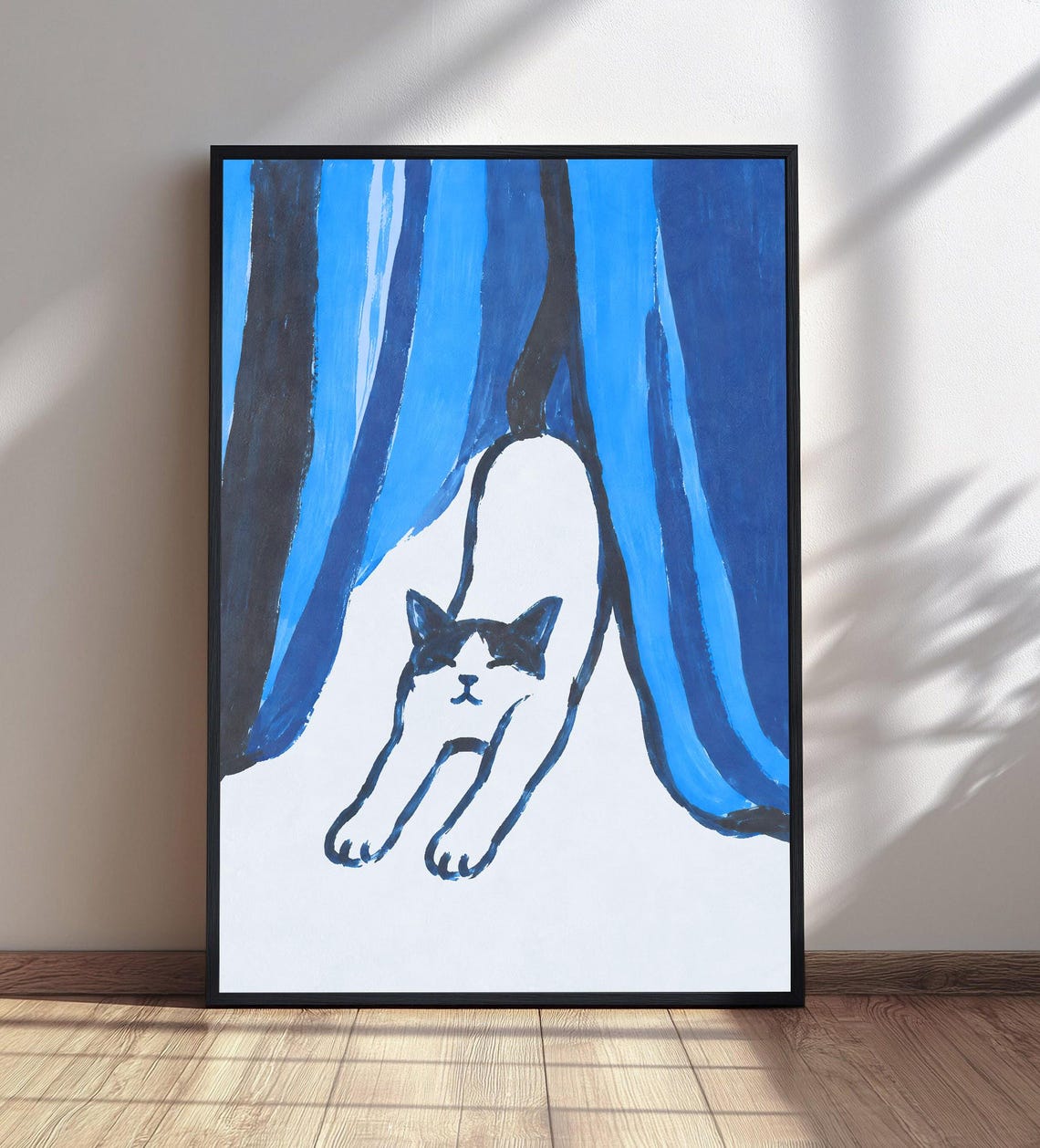 White Cat Stretching Artistic Blue Curtains Minimalist Cat Poster