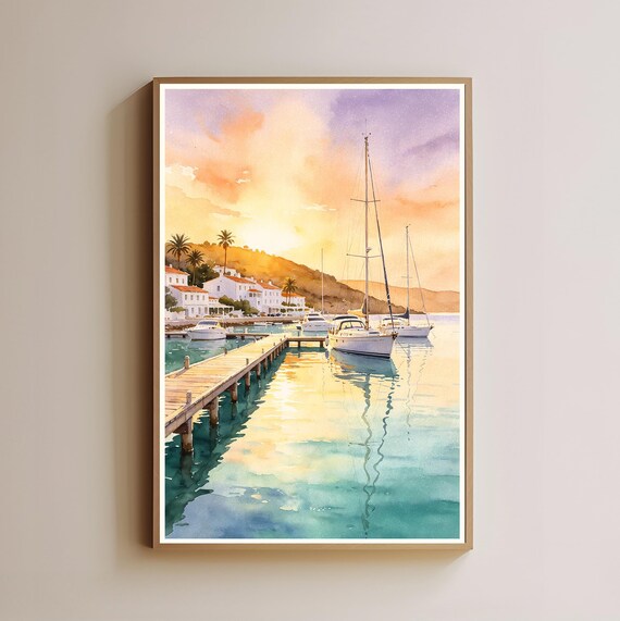 Golden Harbor Sunset Sailboats Pier Watercolor Coastal Poster