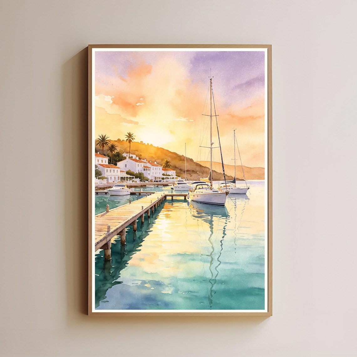 Golden Harbor Sunset Sailboats Pier Watercolor Coastal Poster