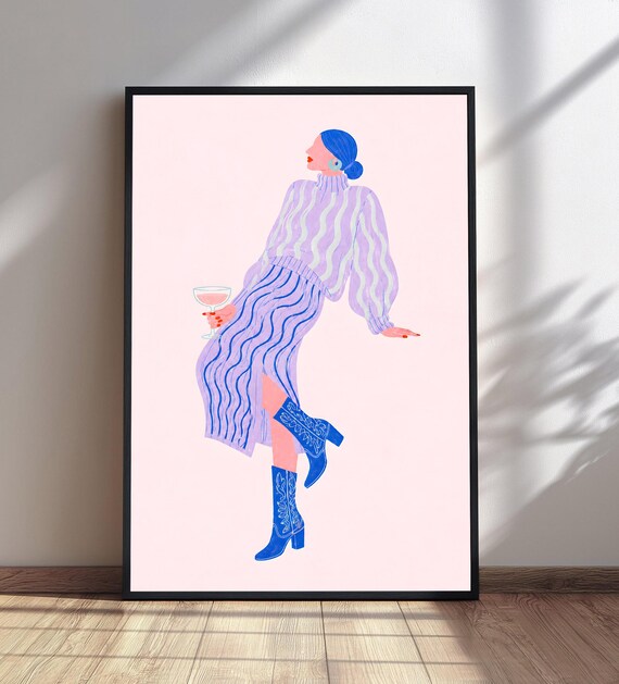 Abstract Fashion Wall Art Woman In Cowboy Boots Print Striped Top Wine Glass Poster Pink Background Decor