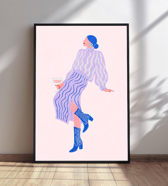 Abstract Fashion Woman Striped Set Blue Cowboy Boots Chic Art Print