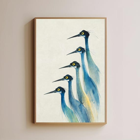 Blue Heron Wall Art Abstract Watercolor Bird Print Vertical Decor Coastal Living Room