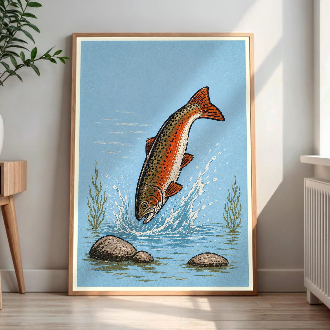 Vintage Trout Fishing Art Print Jumping Fish Wall Fly Poster Retro Cabin Decor