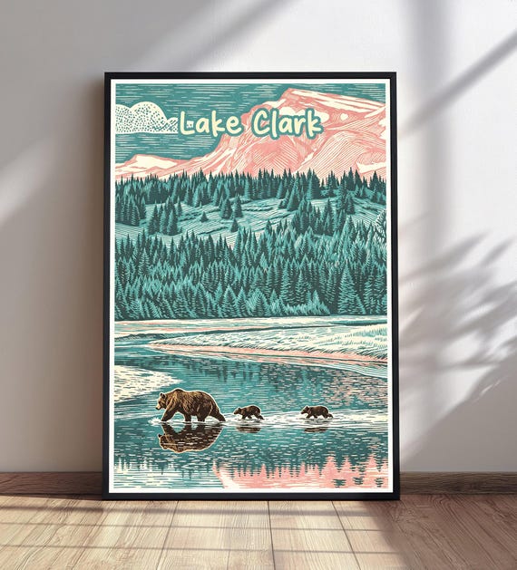 Lake Clark National Park Poster Vintage Alaska Travel Print Bear Family Wall Art Nature Home Decor