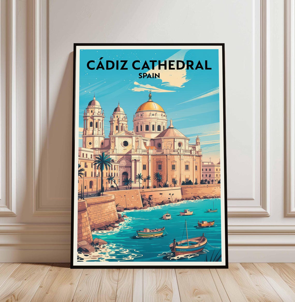 Cadiz Cathedral Spain Travel Poster With Harbor Boats And Palm Trees