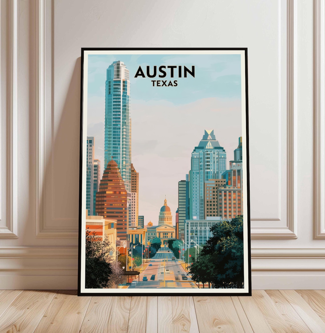 Austin Texas Downtown Skyline Capitol Retro City Travel Poster