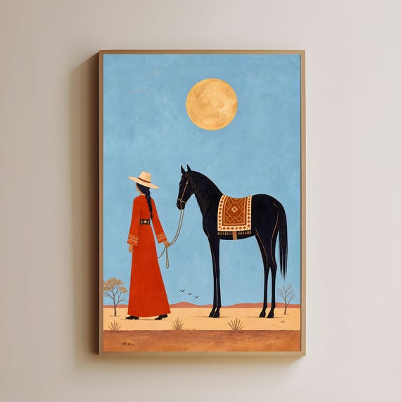 Southwestern Woman Horse Wall Art Desert Landscape Print Golden Sun Western Decor Cowgirl Rider Poster