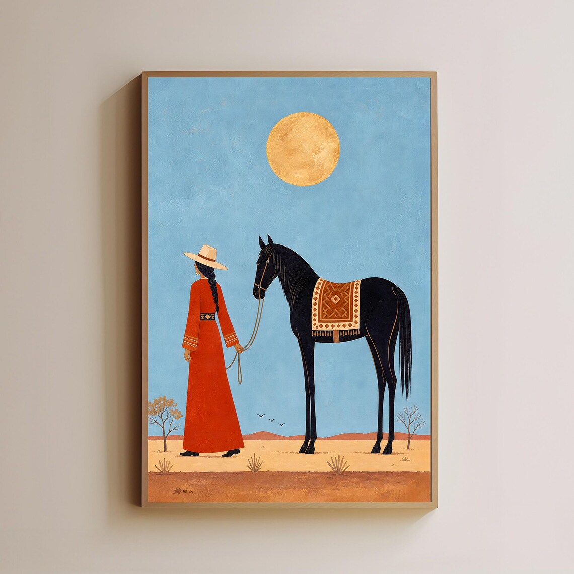 Red Dress Woman Black Horse Desert Golden Sun Folk Art Poster