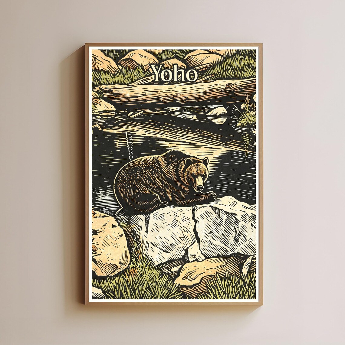 Yoho National Park Poster Grizzly Bear Stream Woodcut Travel Art