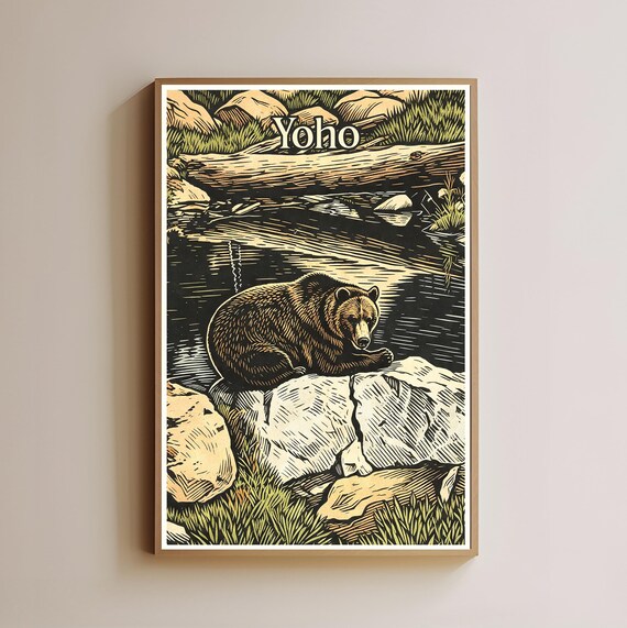 Yoho National Park Poster Grizzly Bear Stream Woodcut Travel Art