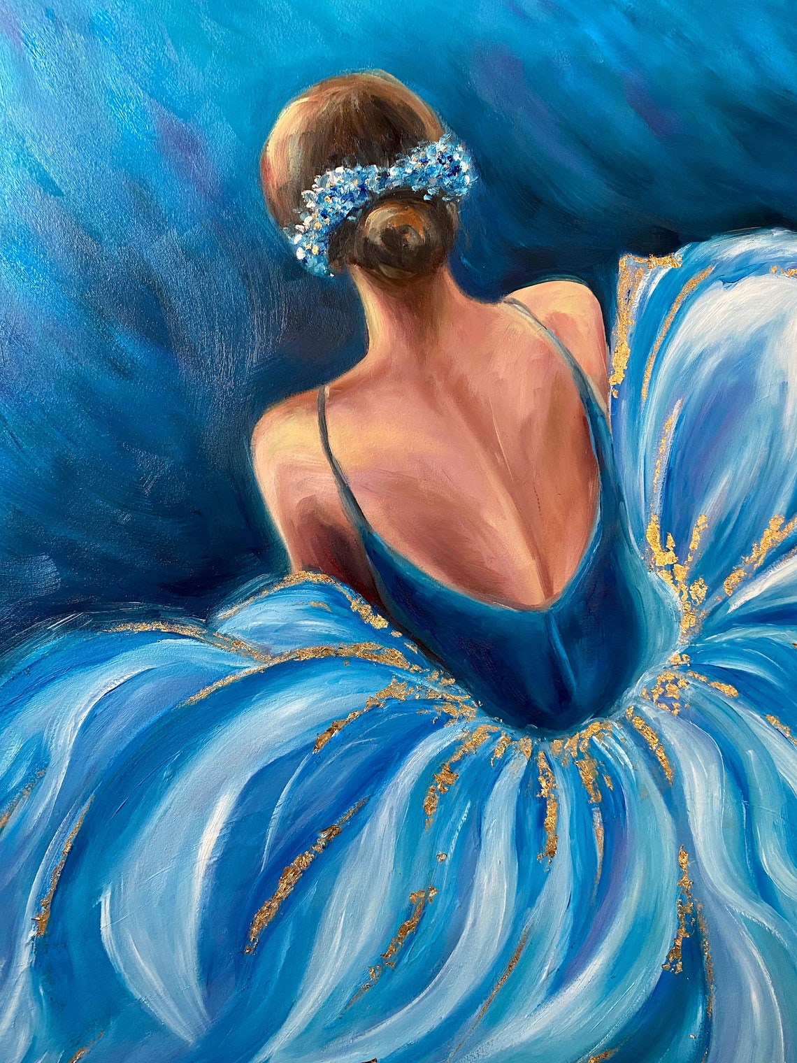 Abstract Ballerina Oil Painting Original Blue Ballerina Wall Art Girl In Dress Painting Gold Frame Ballet Art Ballerina Painting On - Image 2