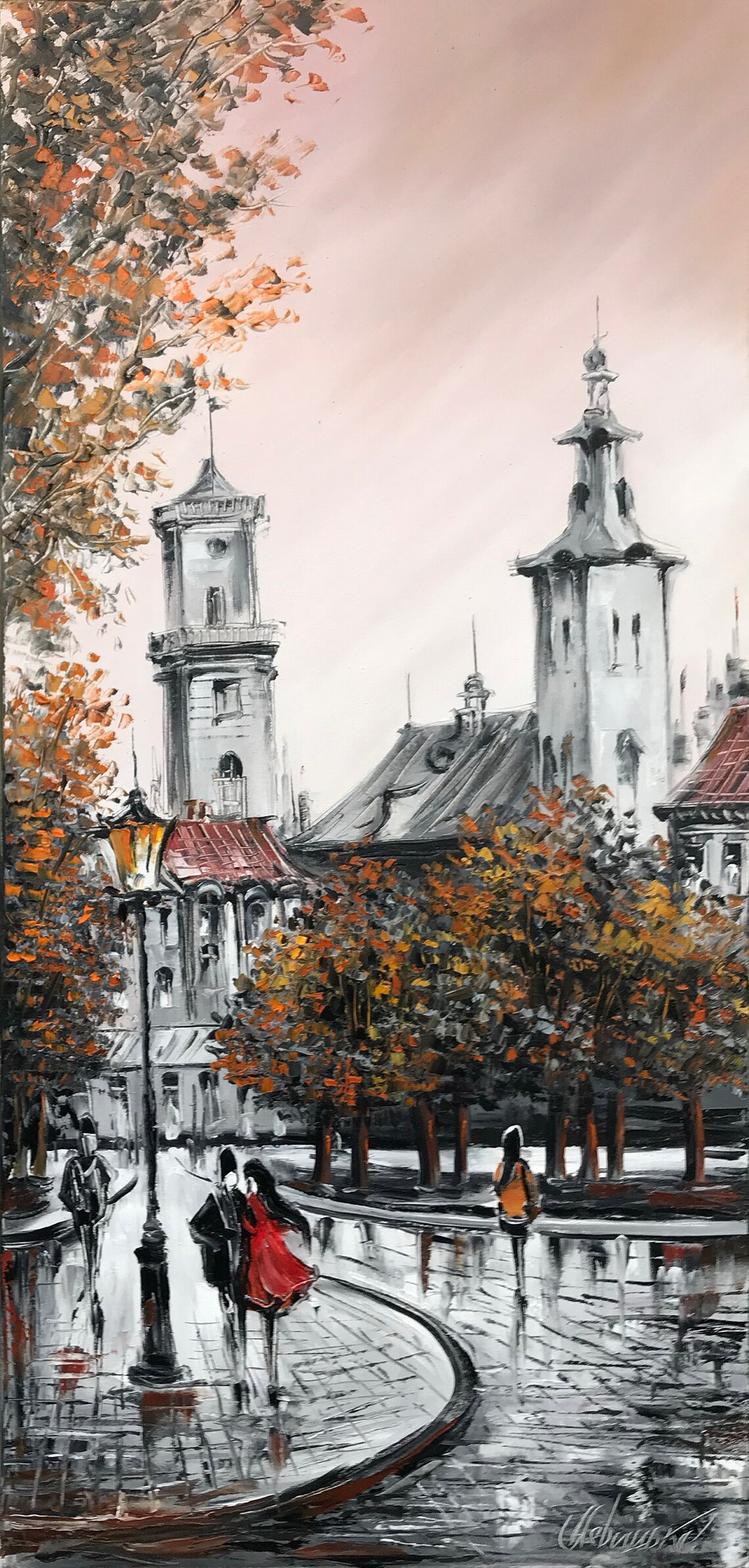 Tall City Oil Painting, Long Narrow Wall Art Print - Image 3