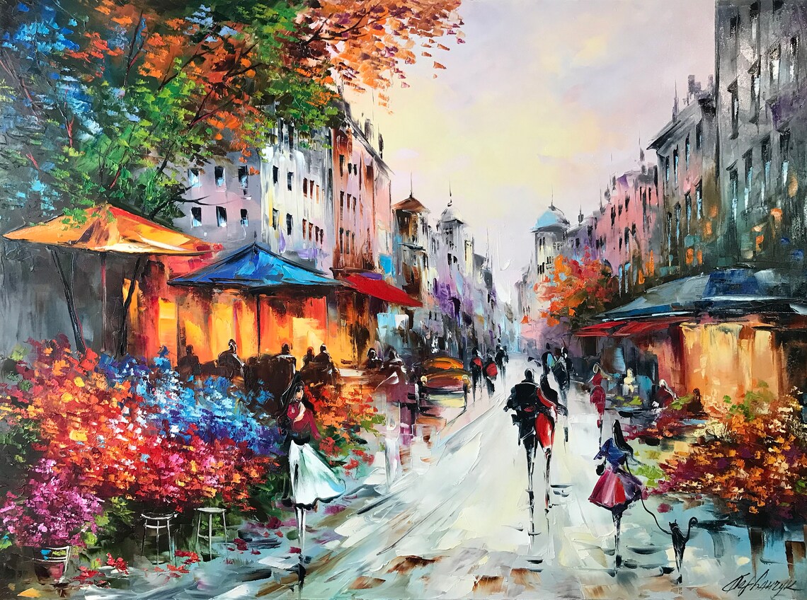Colorful European City Street Flower Market Cafes Vibrant Art Poster