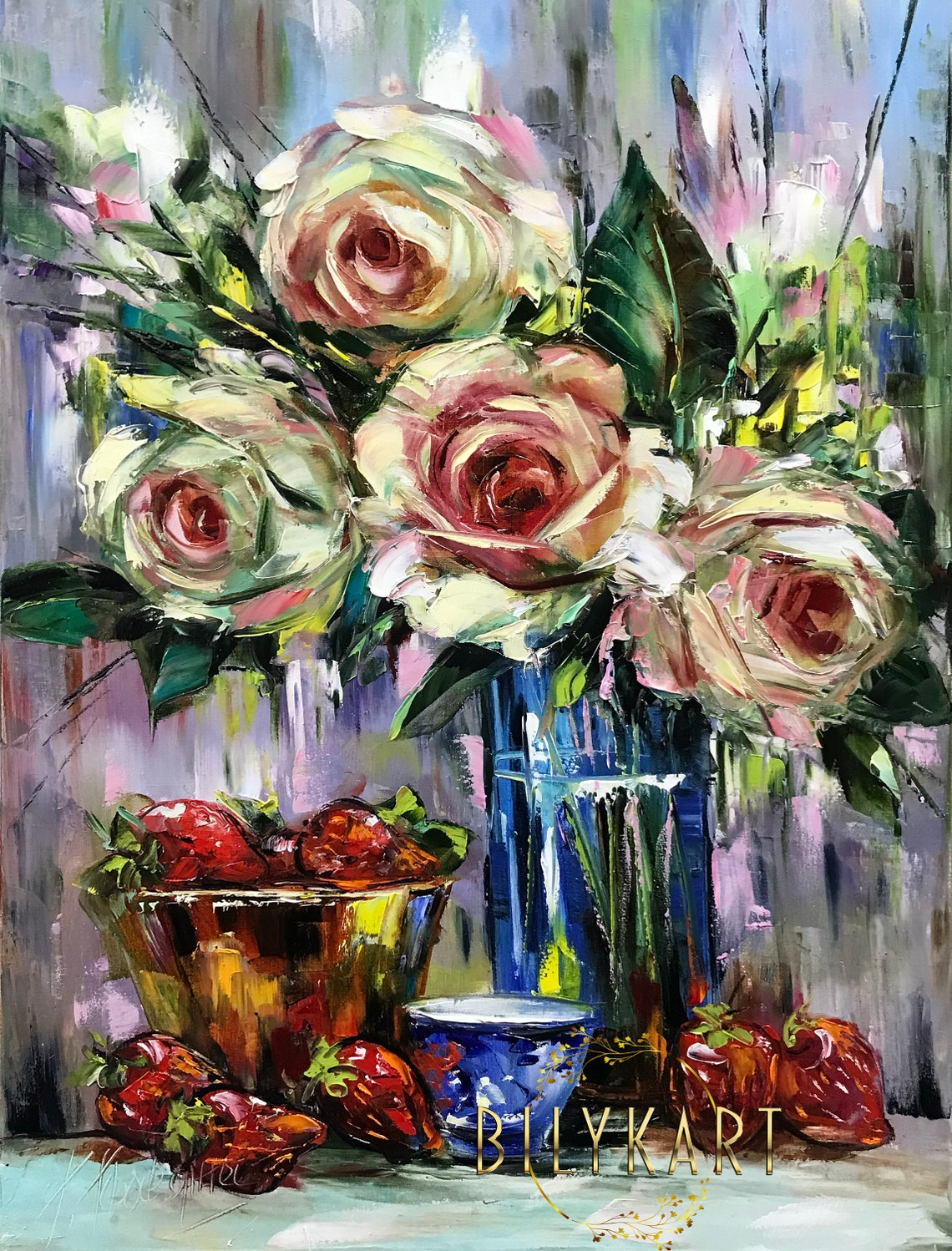White Roses Blue Glass Vase Strawberries Floral Still Life Poster - Image 3