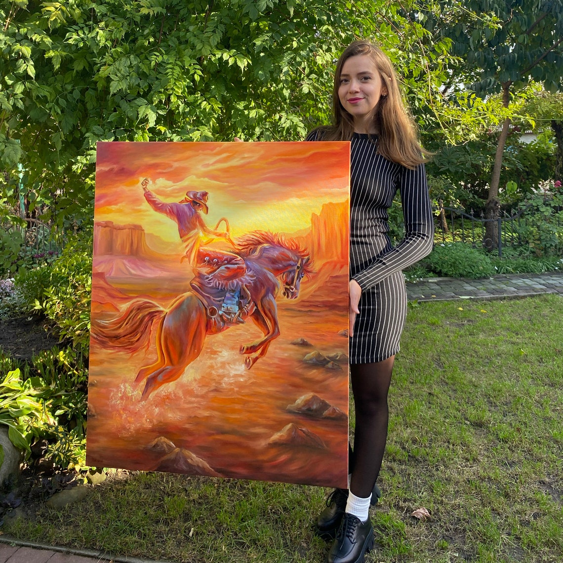 Cowboy Painting On Large Horse Oil Painting Original Orange Cowboy Art Modern Western Art Southwest Paintings Southwest Art For Walls - Image 3