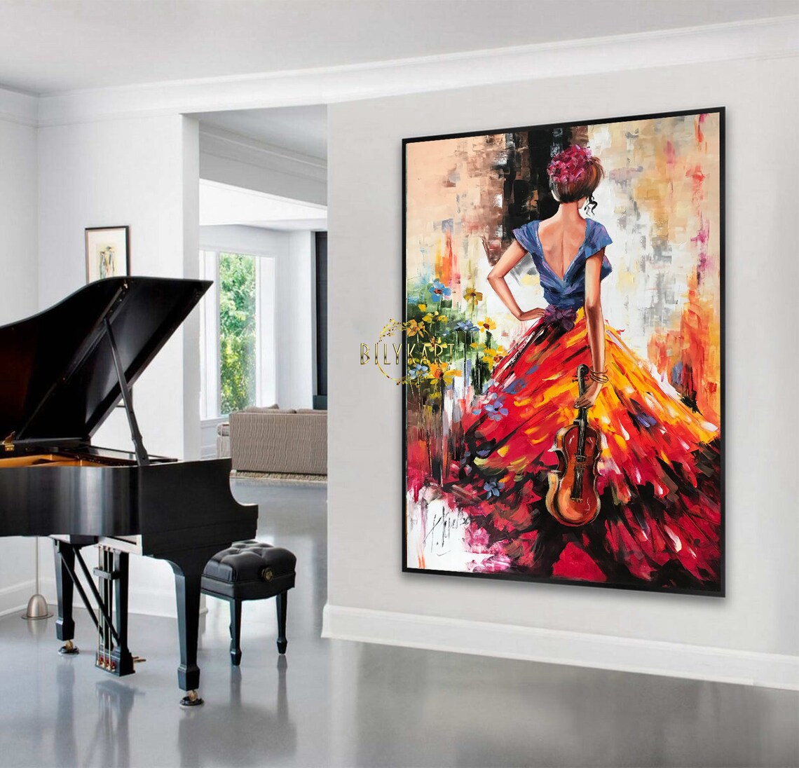 Woman In Red Dress With Violin Back View Modern Figure Art Poster - Image 3