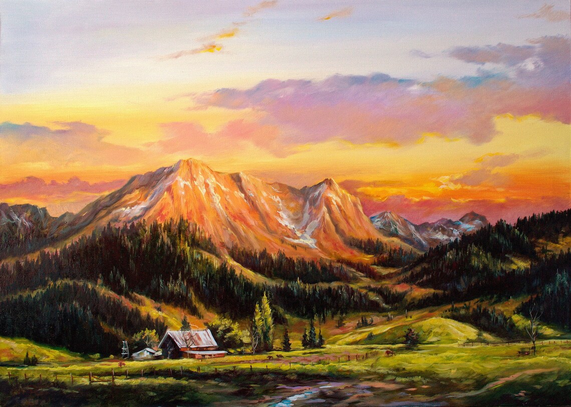 Rocky Mountain Sunset Peaks Pine Forest Valley Cabin Travel Poster