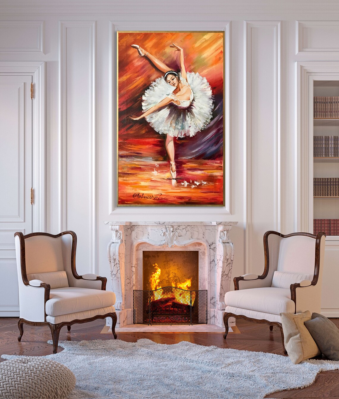 Ballerina White Tutu Fiery Orange Oil Painting Dance Wall Art Poster - Image 2
