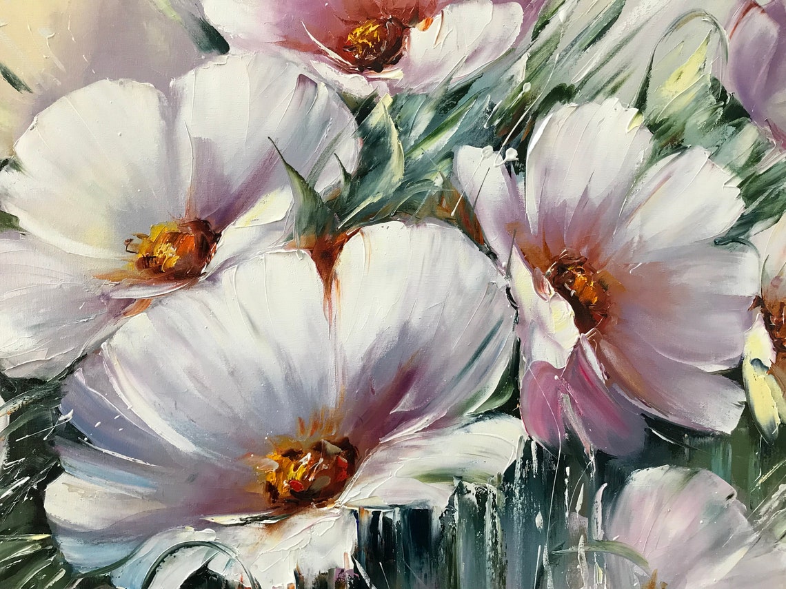 Abstract Floral Original Oil Painting Floral Wall Art Purple Flowers Painting Abstract Flower Art Modern White Floral Painting - Image 2