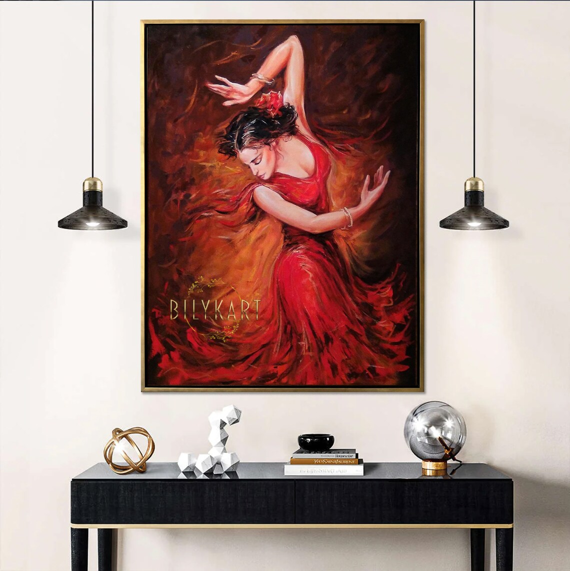 Flamenco Dancer in Red Dress Oil Painting Art Print - Image 2