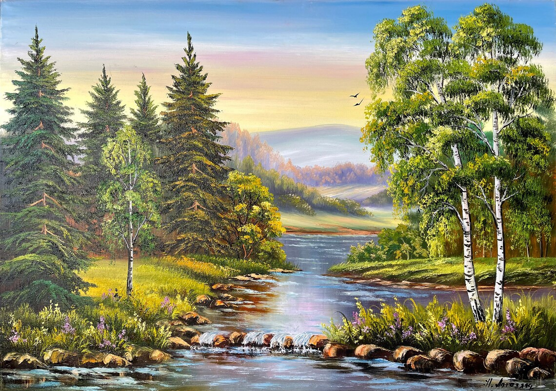 Green Forest River Oil Painting Wall Art Print
