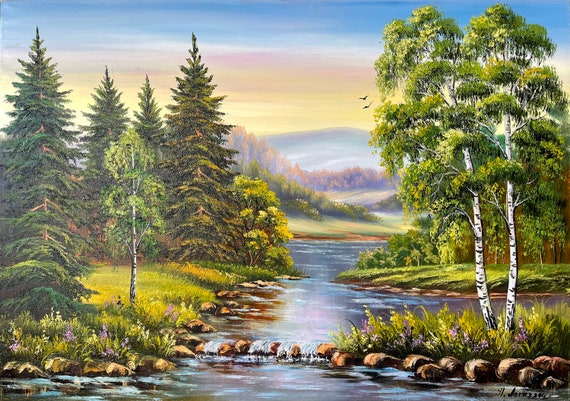 Green Forest River Oil Painting Wall Art Print