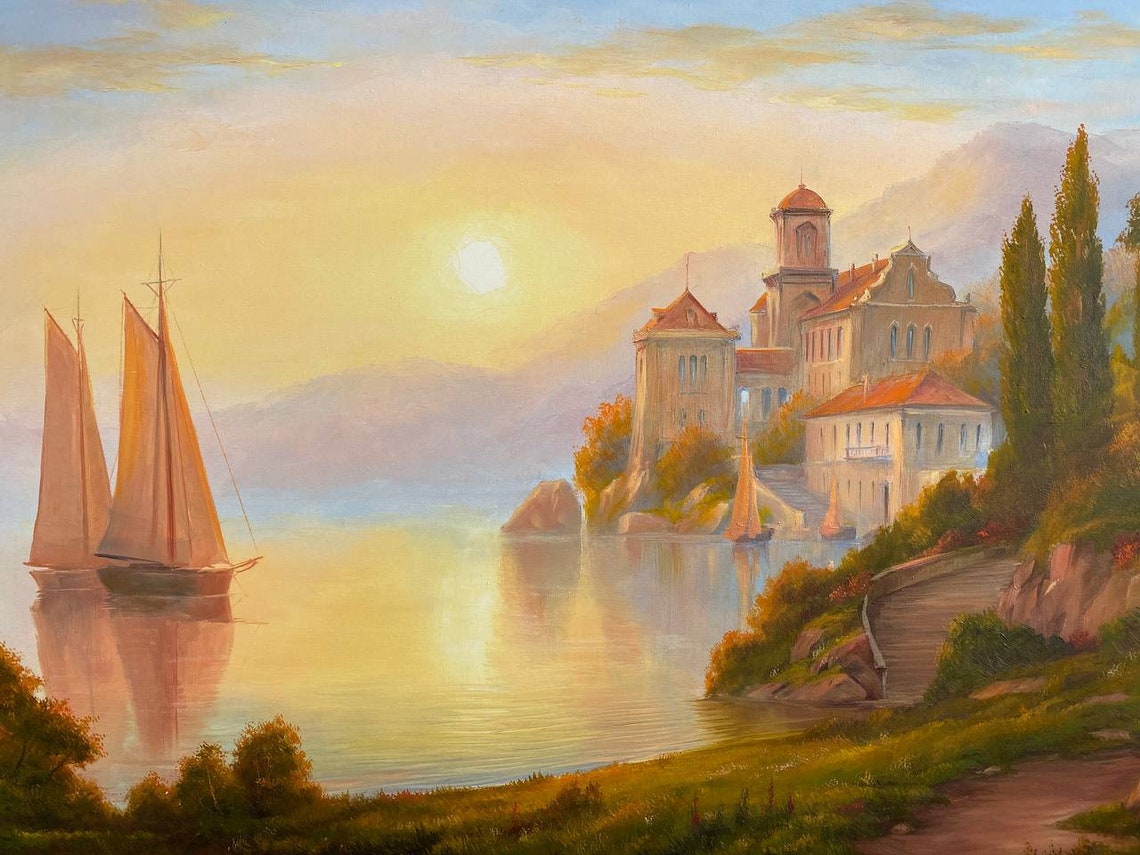 Lake Como Italy Sunset Sailboats Lakeside Villa Golden Glow Poster - Image 2