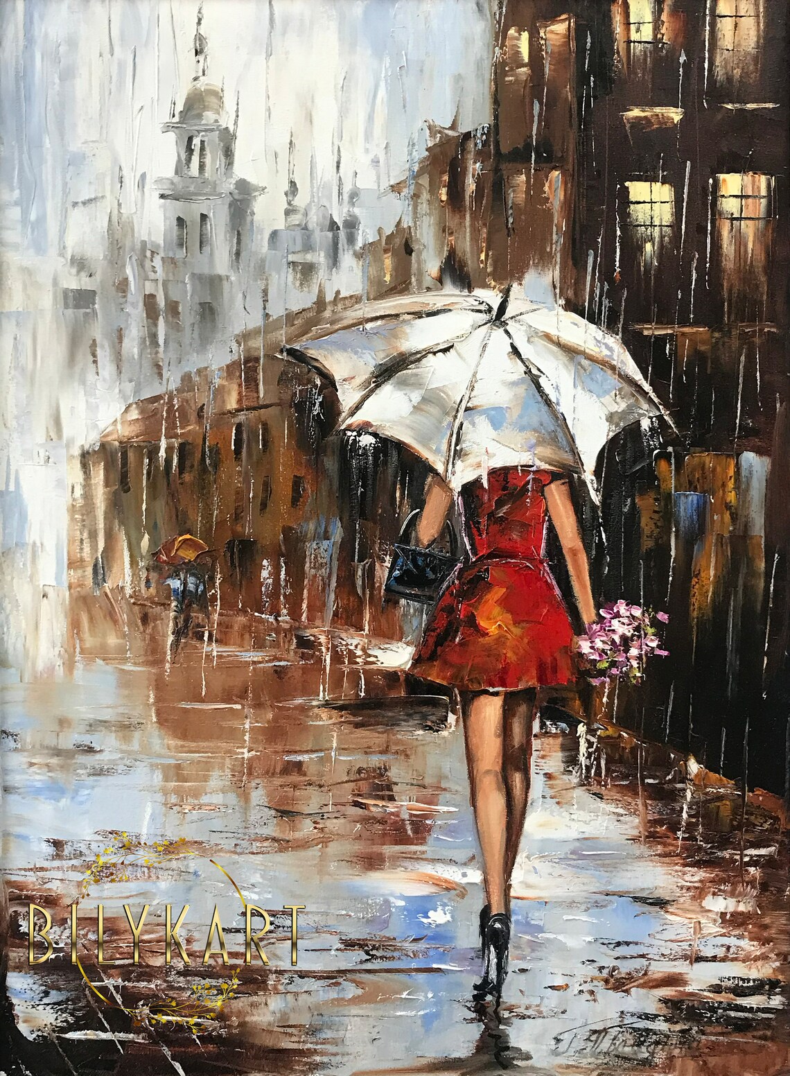 Woman Red Dress White Umbrella Rainy City Street Romantic Art Poster - Image 2
