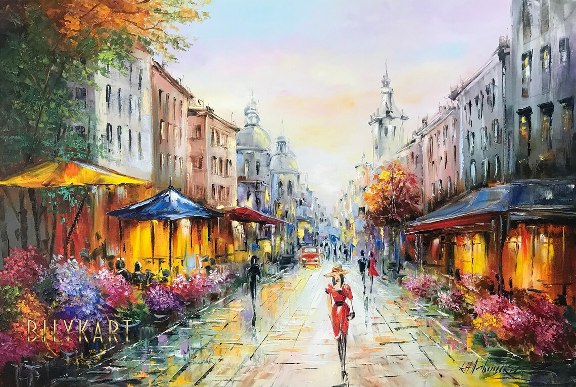 European Flower Market Street Woman Red Dress Cafes City Art Poster