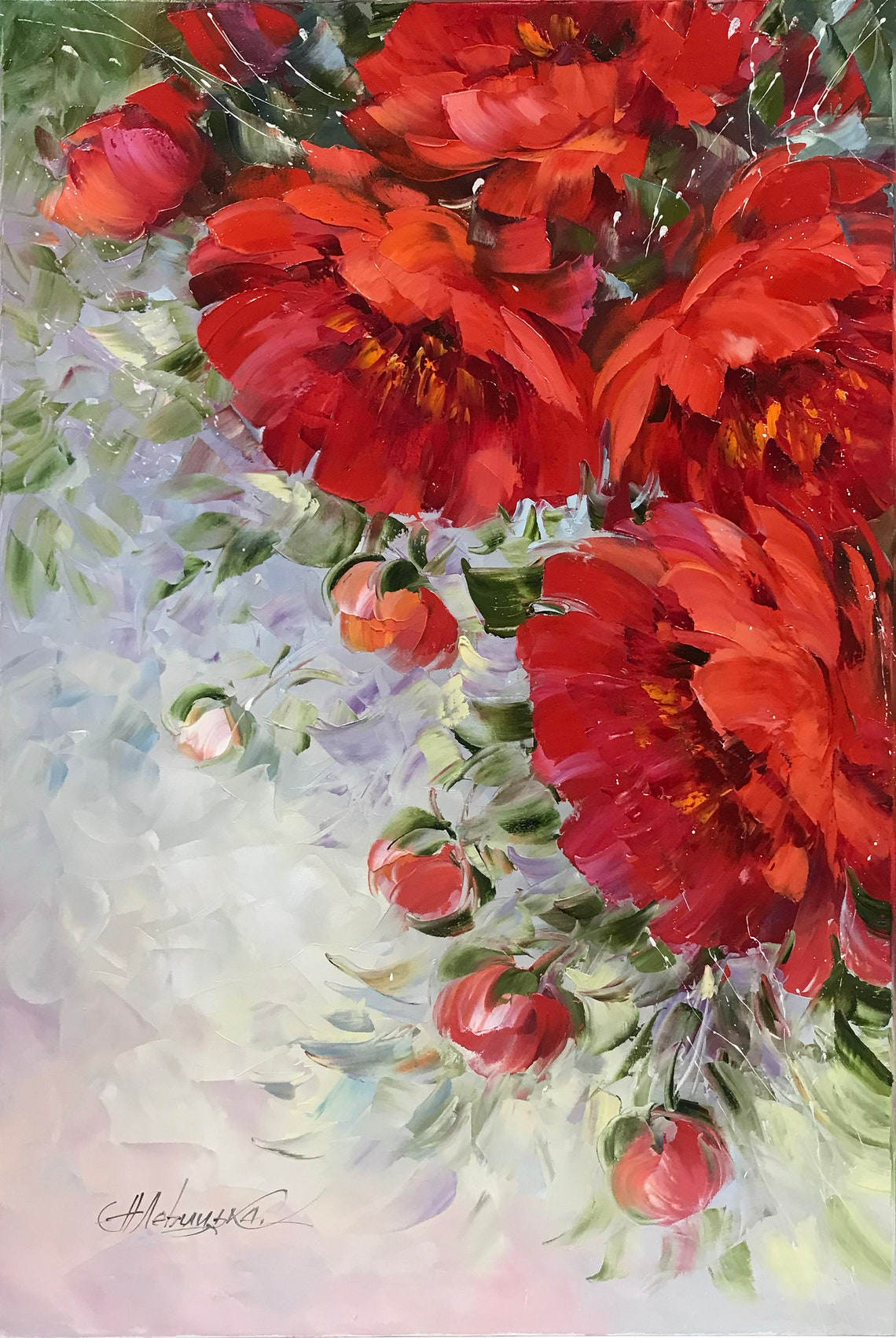 Red Peonies Large Bold Blooms Dramatic Impasto Floral Art Poster - Image 3