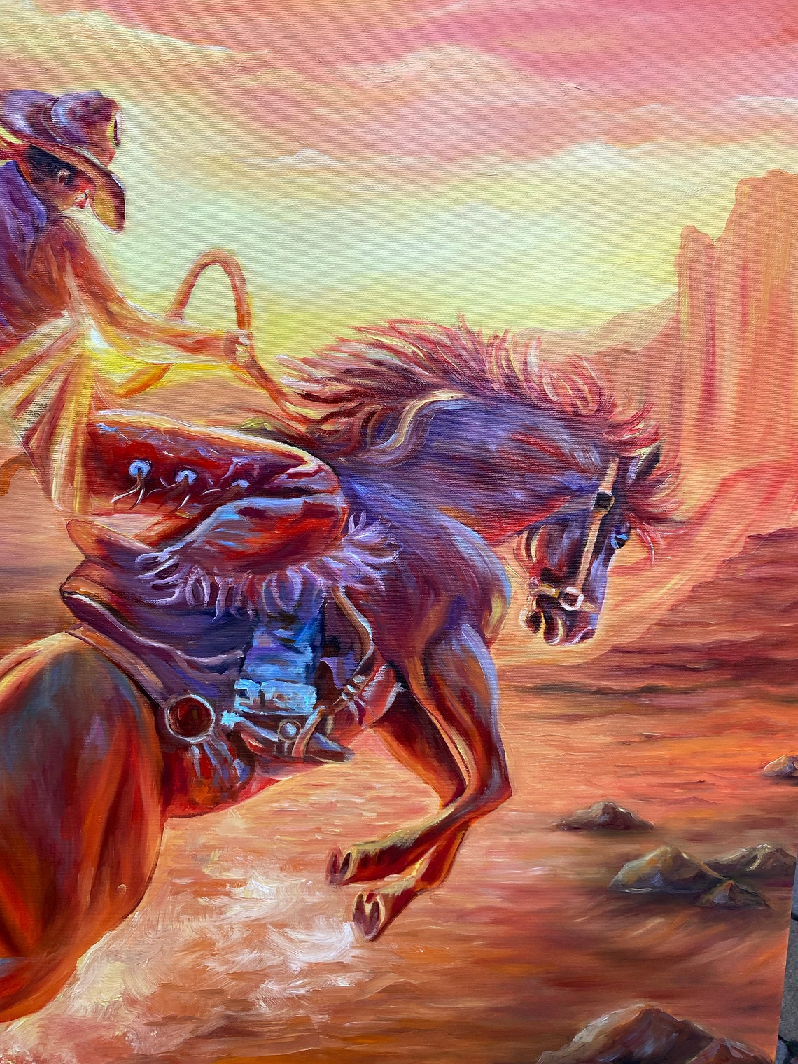 Cowboy Painting On Large Horse Oil Painting Original Orange Cowboy Art Modern Western Art Southwest Paintings Southwest Art For Walls - Image 2