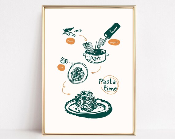 Pasta Time Hand Drawn Recipe Illustration Minimalist Kitchen Poster