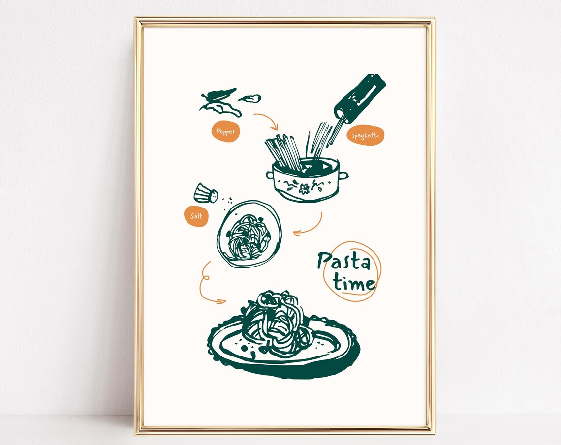Pasta Time Hand Drawn Recipe Illustration Minimalist Kitchen Poster