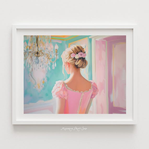 Princess In Her Castle Artwork Pastel Pink And Blue Chandelier Art Blonde Portrait Marie Antoinette Rococo Style Fairytale