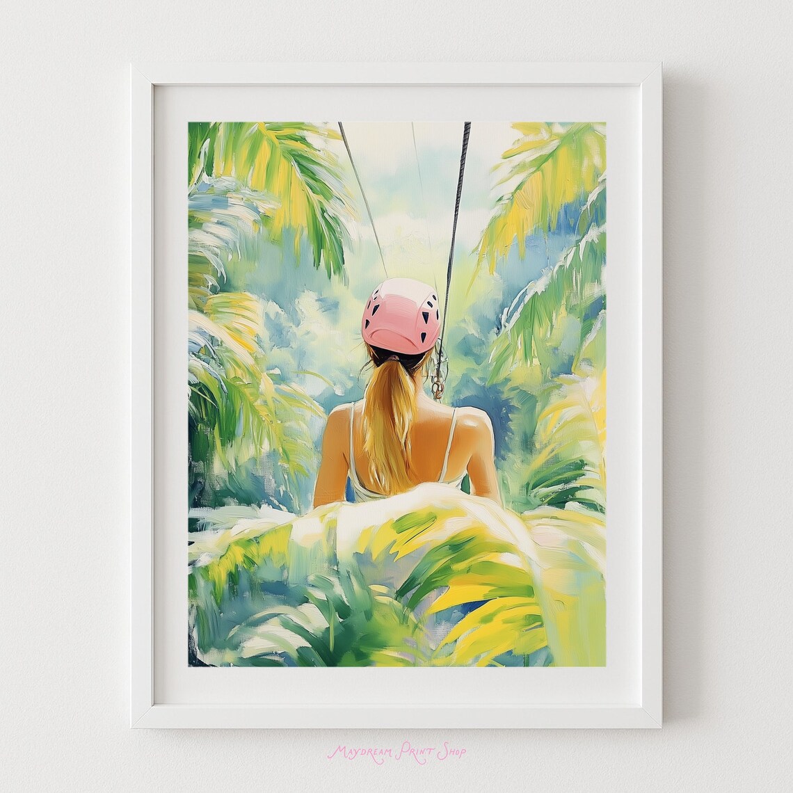 Girl Ziplining Tropical Jungle Pink Helmet Adventure Wall Art