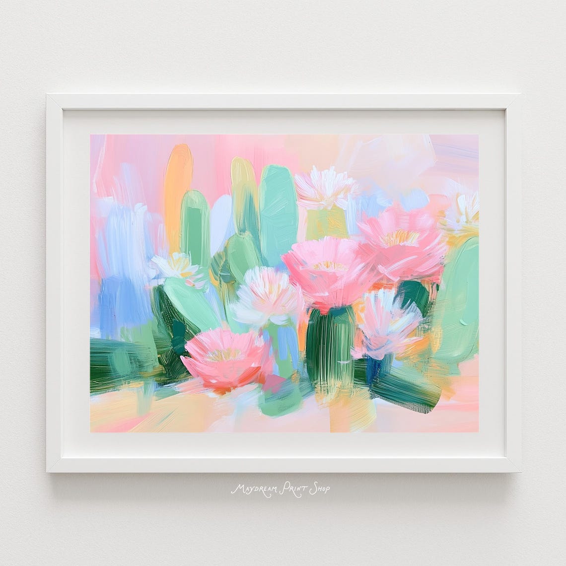 Pastel Cactus Garden Pink Blooming Flowers Desert Art Poster
